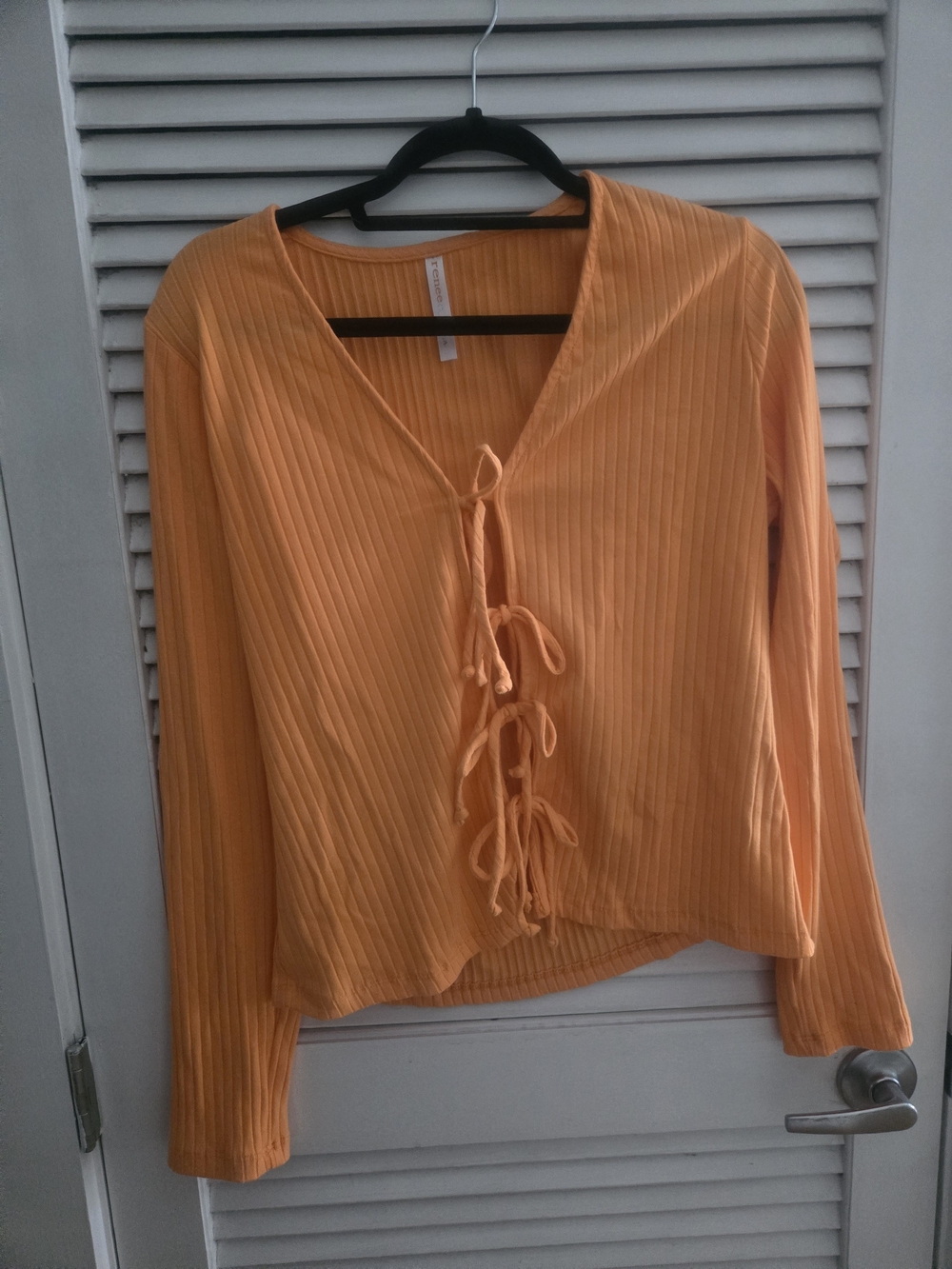 Tie-Front Ribbed Long-Sleeve Top in Orange